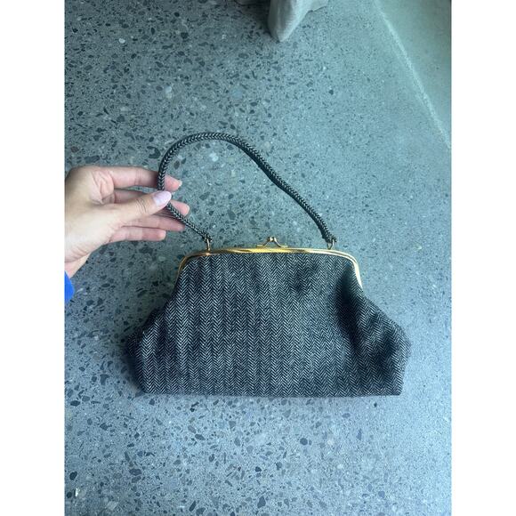 April Cornell Women's Handbag Grey Black Tweed Frame Bag Herringbone Purse - Picture 1 of 3